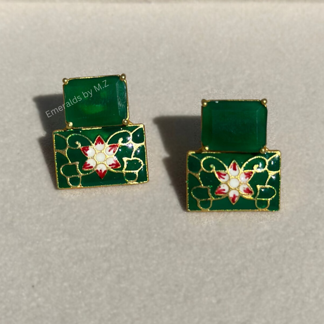 Meenakari Green stone mini earrings