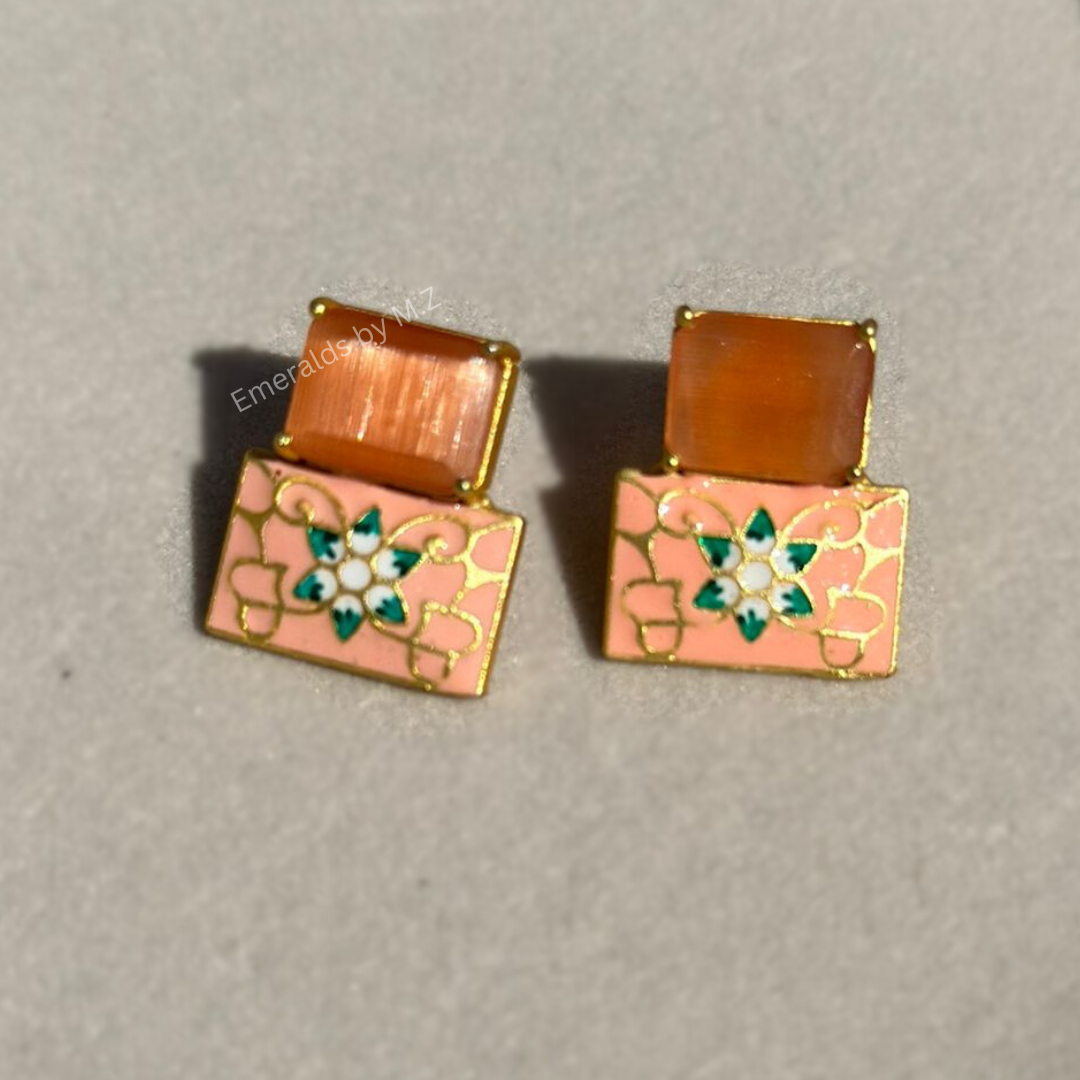 Meenakari orange stone mini earrings.