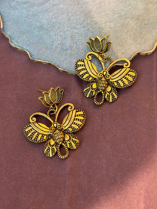ER-21 antique gold polish butterfly dangling earrings