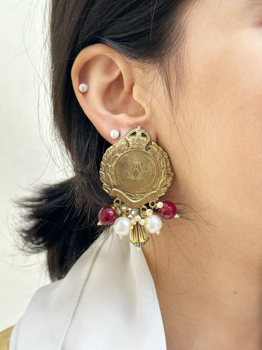 Antique gold polish lotus coin earring with meena stone hanging
