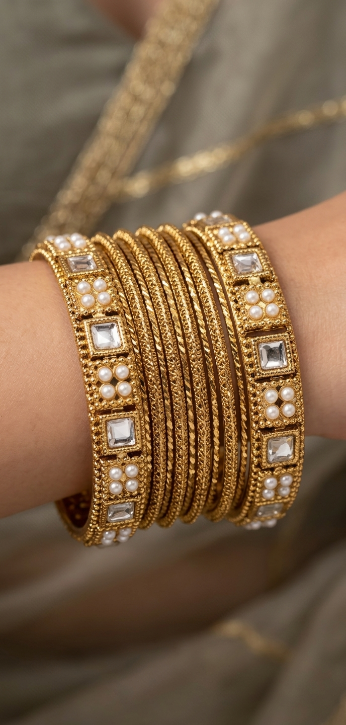 BAN-17 Antique gold polish pearl kundan bangle set