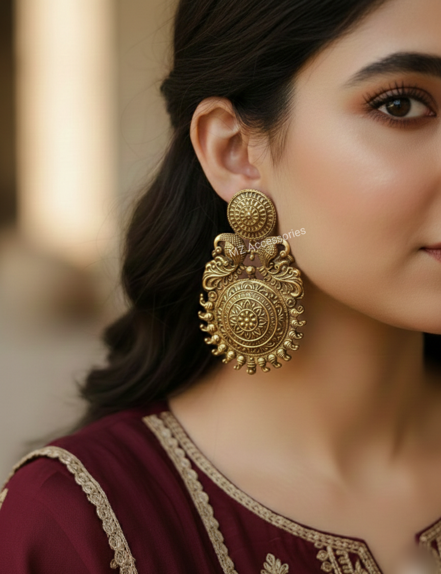 ER-16 Antique gold polish peacock earrings