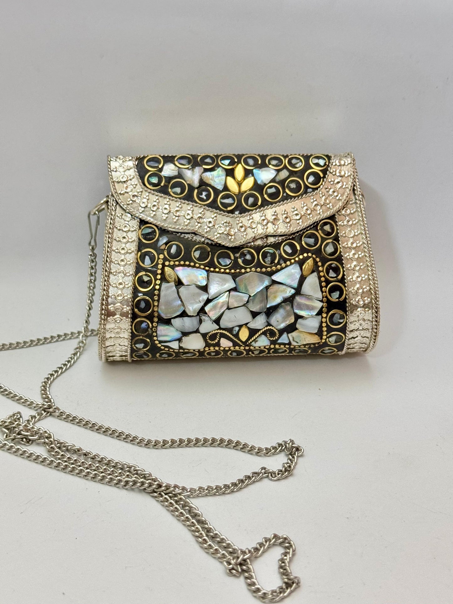 Fresh water pearl metal clutch-silver
