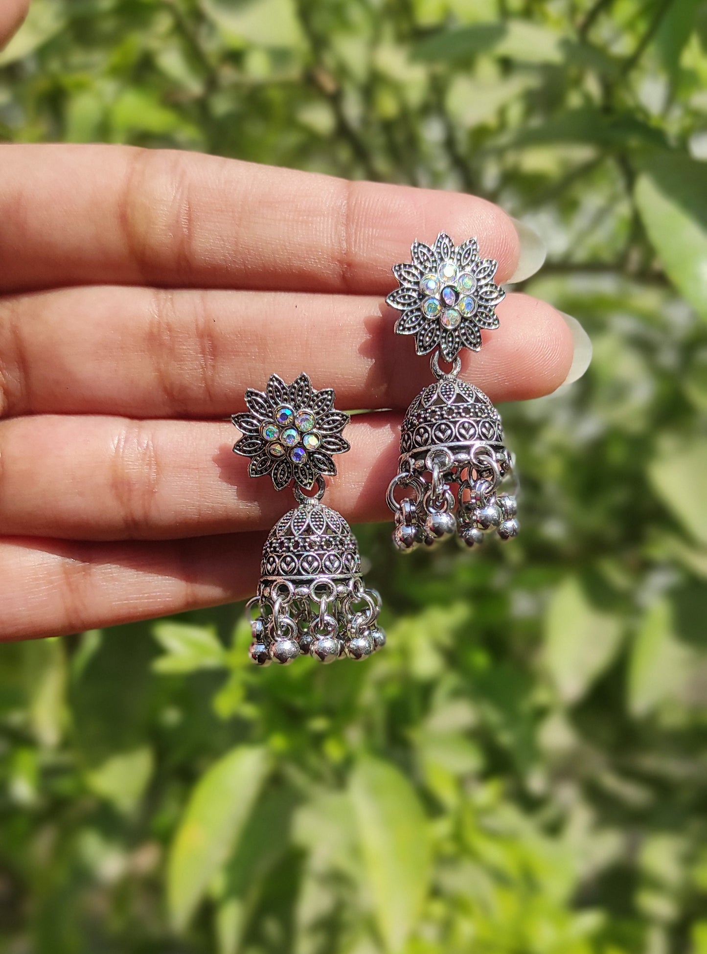 Antique silver polish flower mini jhumki