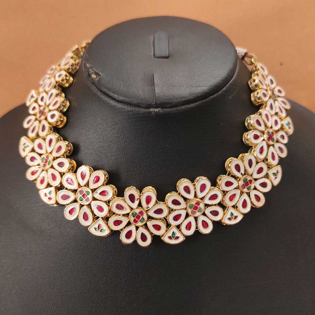 Flower kundan necklace set with backside meena kari