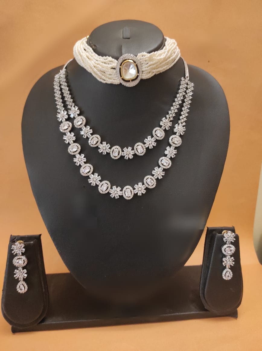 American diamond layered necklace set with polki kundan choker