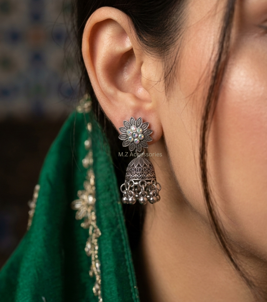 Antique silver polish flower mini jhumki