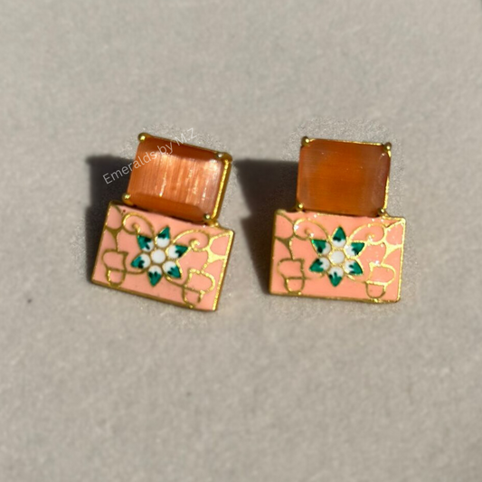 Meenakari orange stone mini earrings.