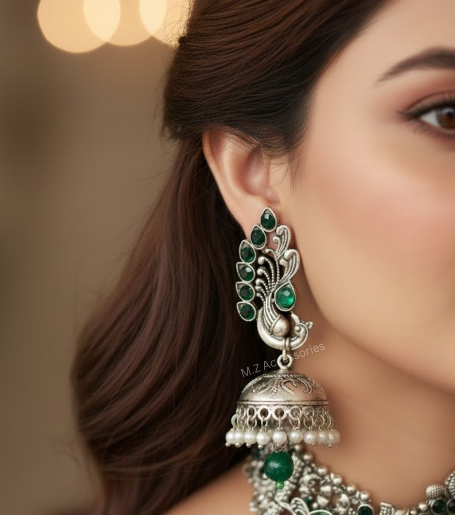 CS-21 Oxidized german silver bird set with emerald stones