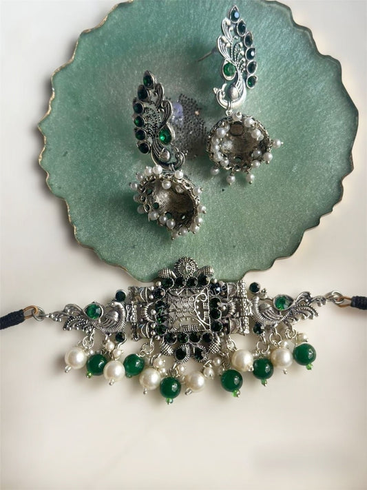 CS-21 Oxidized german silver bird set with emerald stones