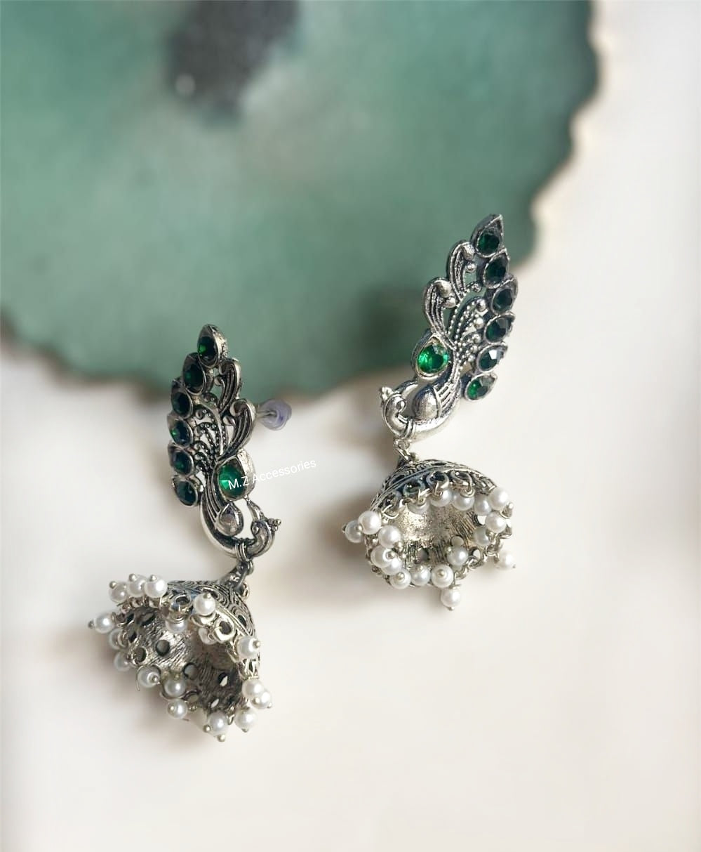 CS-21 Oxidized german silver bird set with emerald stones