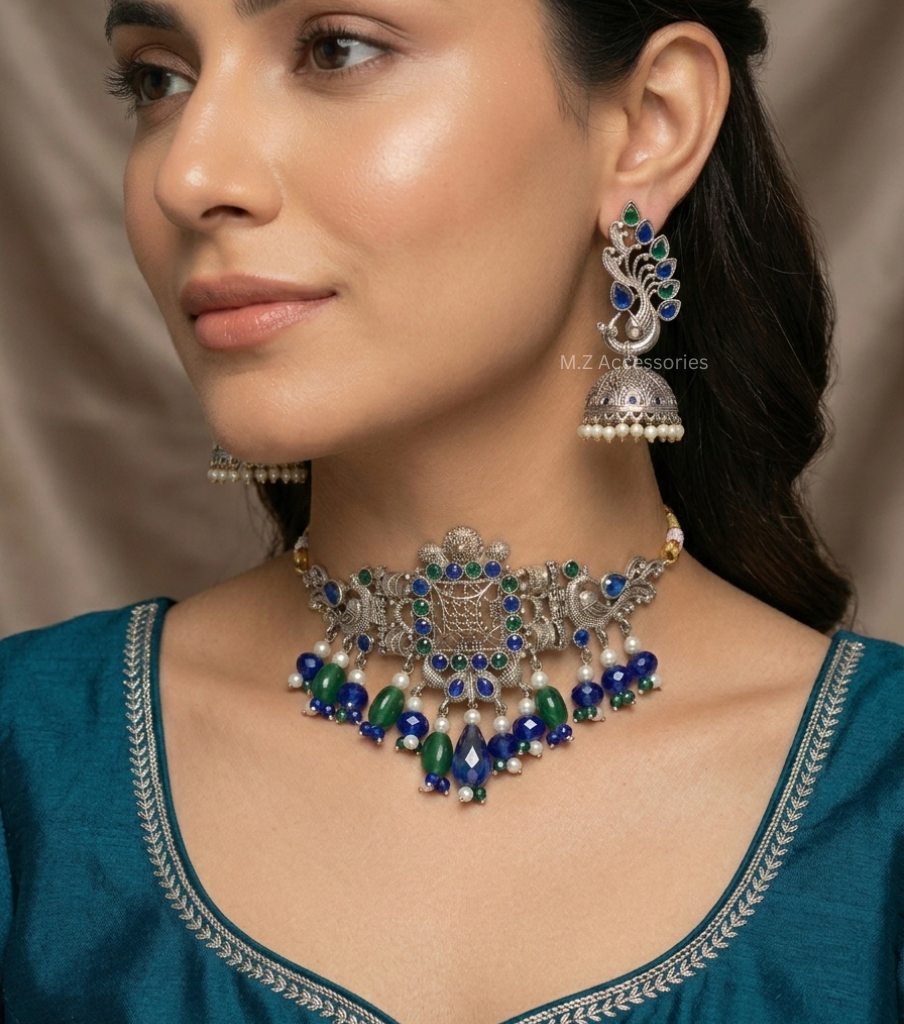 Oxidized German silver set with blue and green stone hangings