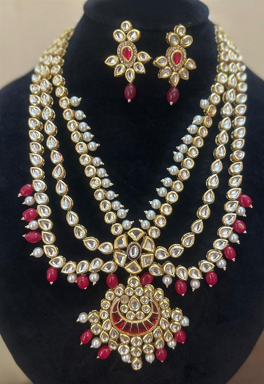 Dual Sided Wearable Jaipuri kundan Multi Layer Mala Set With Red Stone Hangings