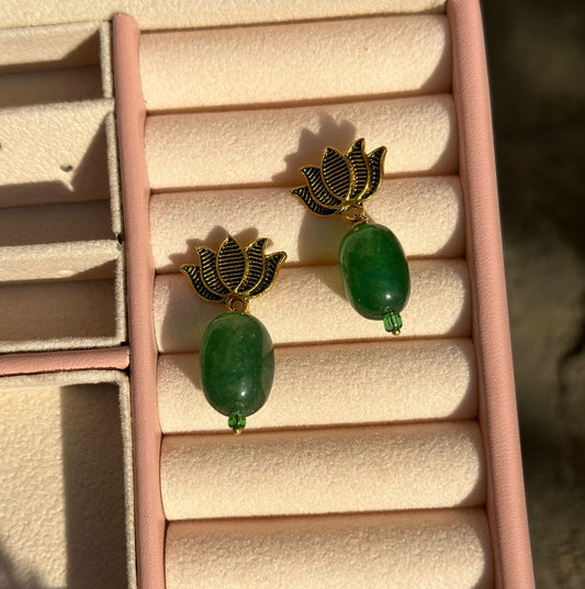 ER-27 Antique lotus earrings with green stone hanging