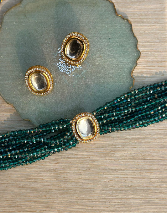 CS-36 Polki kundan set with teal colored stone