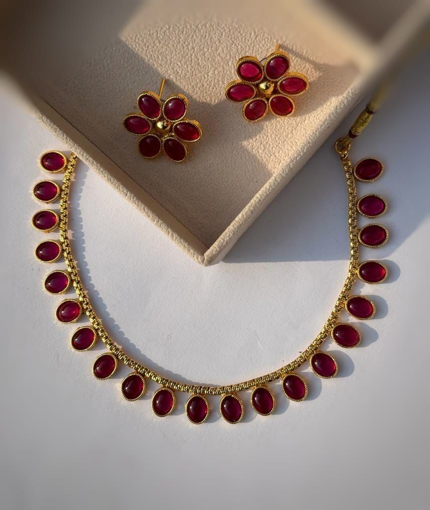 CS-42 Rajwadi gold polish rubi pink stone choker set