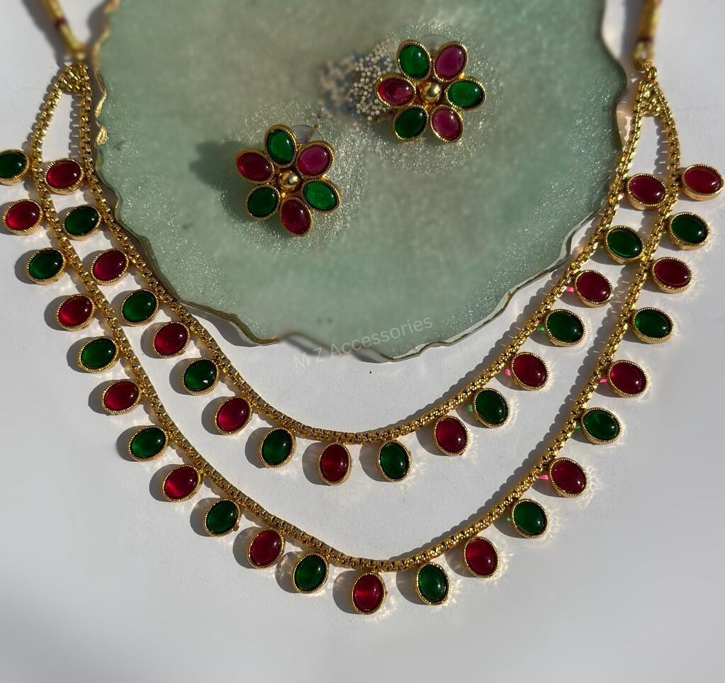 CS-39 Dual layered rajwadi polish s choker with red and green stone