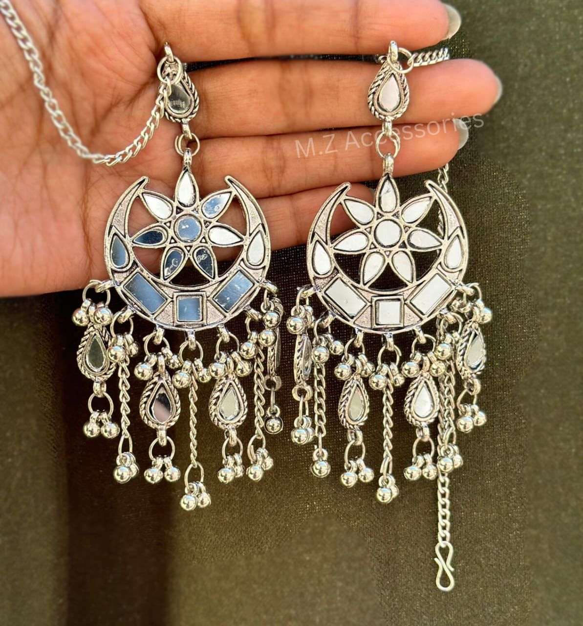 ER-30 Oxidized german silver mirror chand tara earrings with sahara