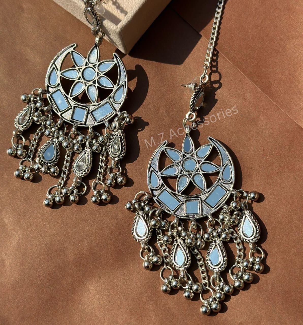 ER-30 Oxidized german silver mirror chand tara earrings with sahara