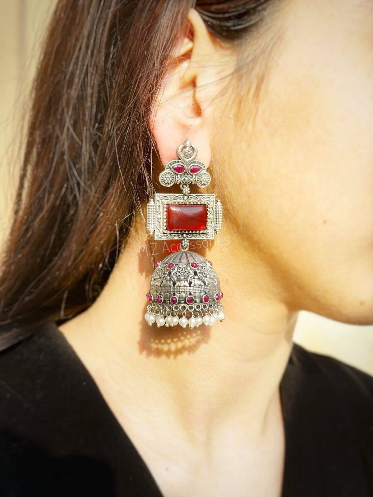 ER-33 Oxidized german silver rubi stone jhumki