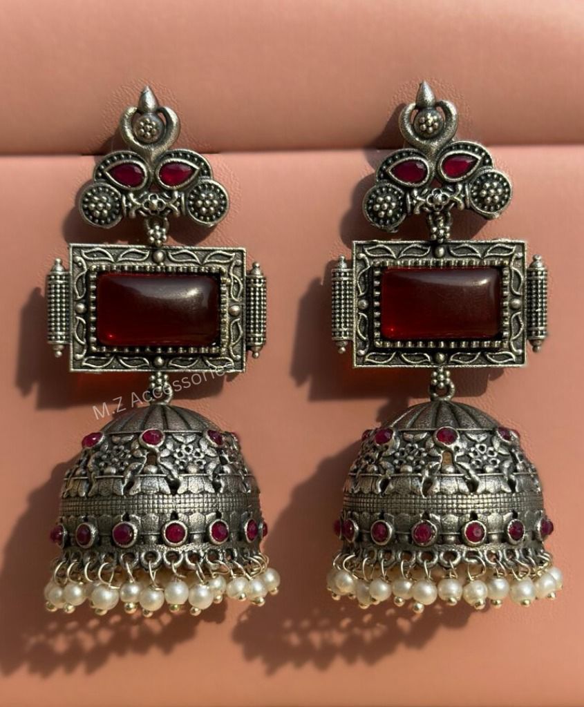 ER-33 Oxidized german silver rubi stone jhumki