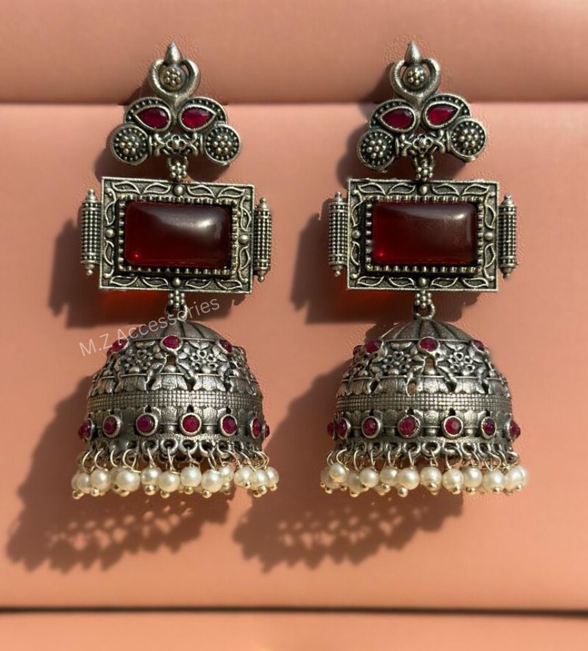 ER-33 Oxidized german silver rubi stone jhumki