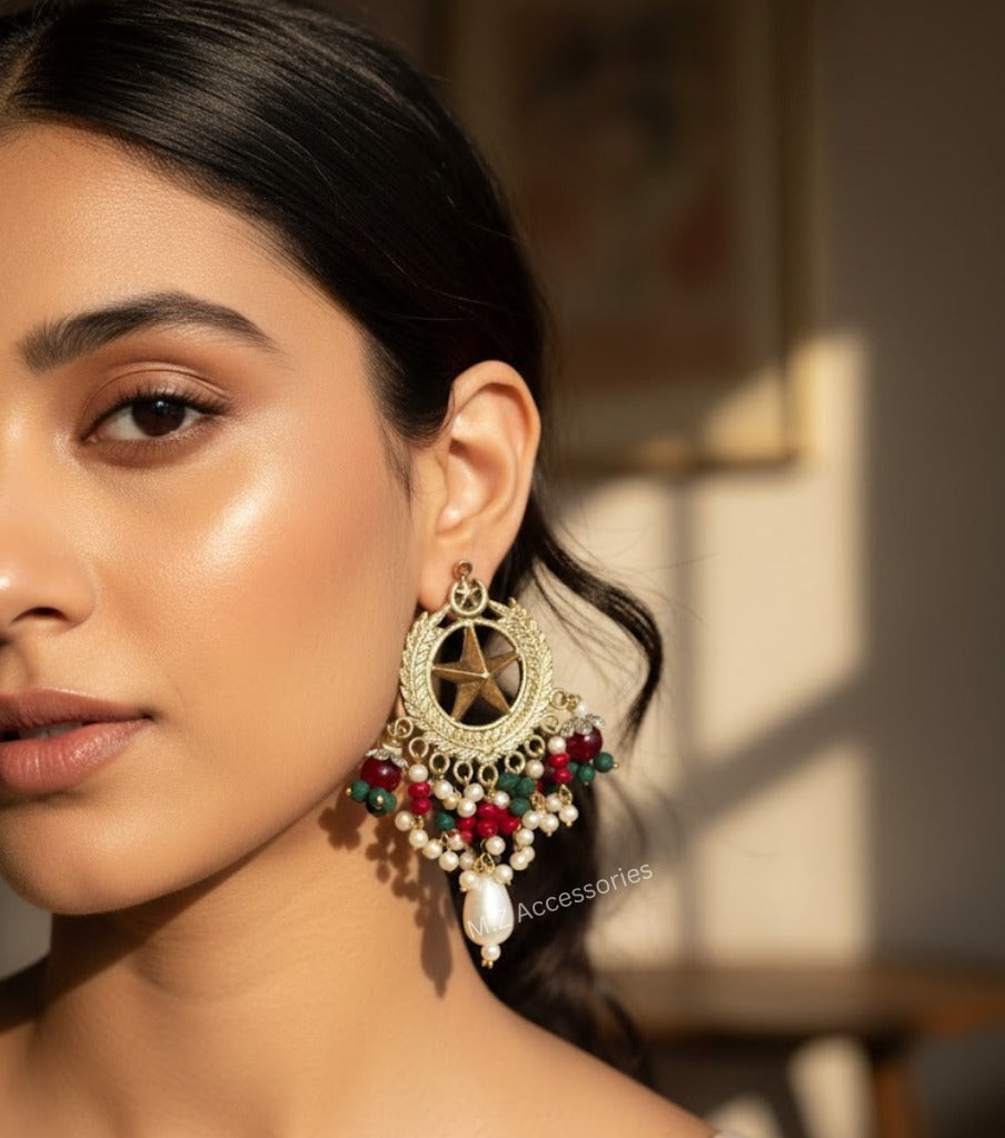 Chand tara earrings with multi stone hangings