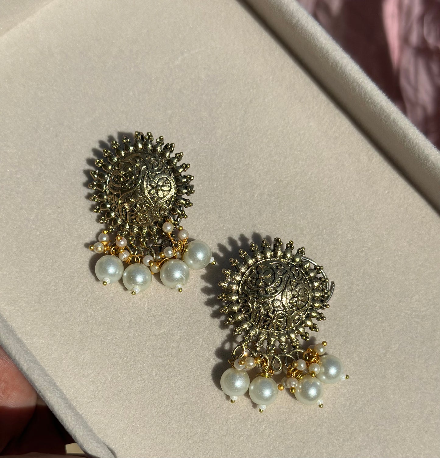 Antique gold plated earrings with pearl hangings