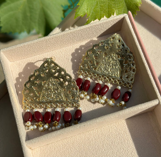 Antique Gold Polish Earrings With Red Stone Hanging