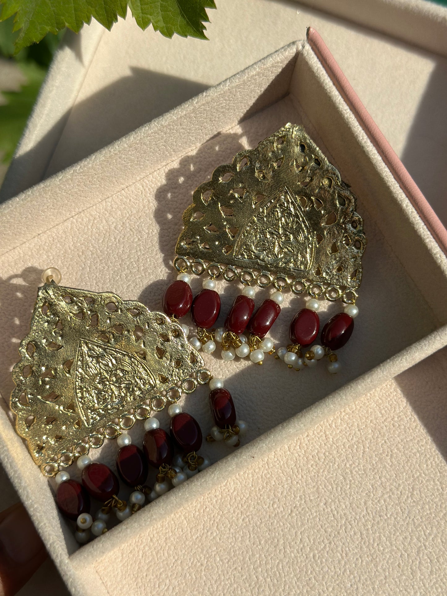 Antique Gold Polish Earrings With Red Stone Hanging