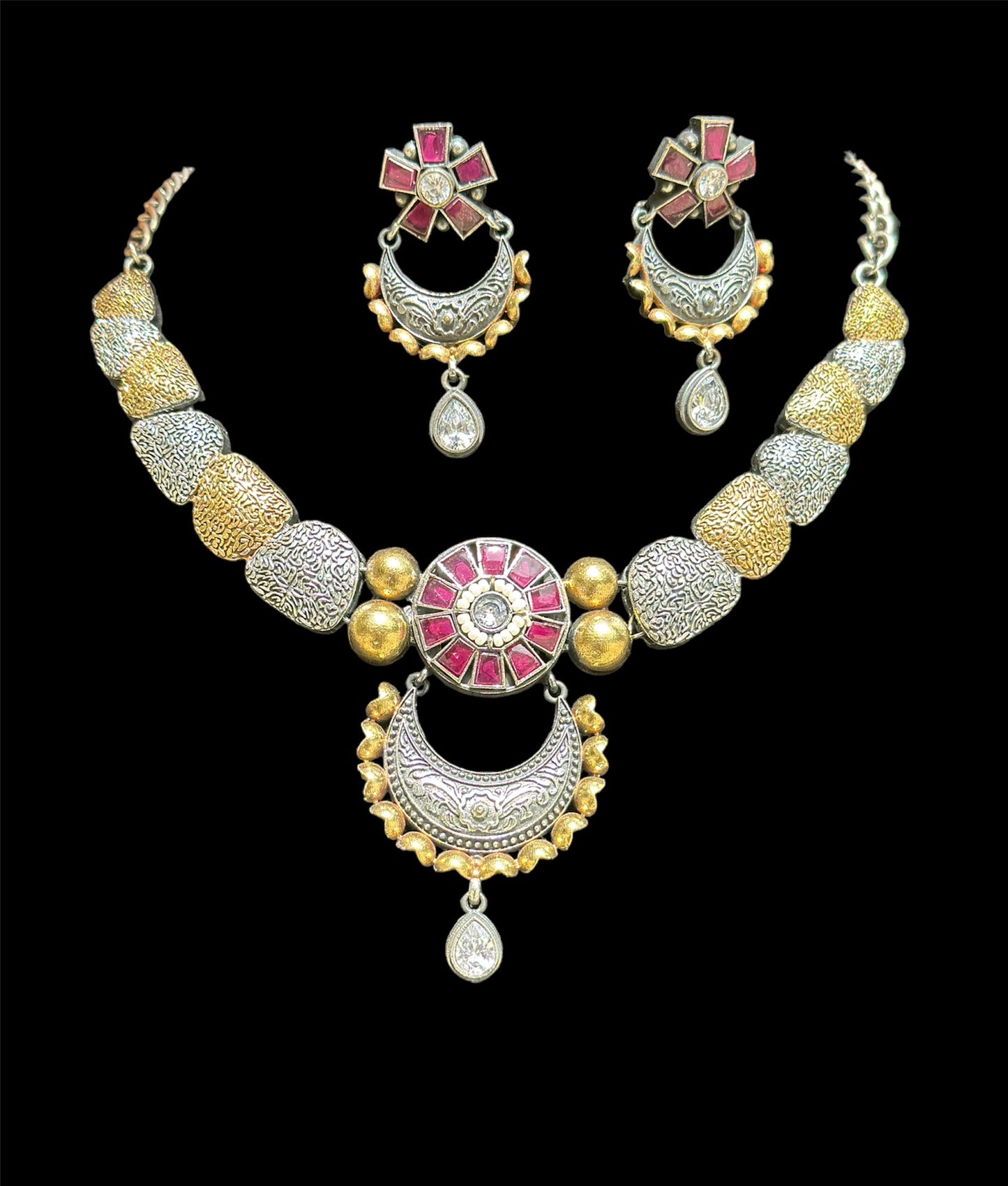 CS-11 Dual tone stone choker set with earrings