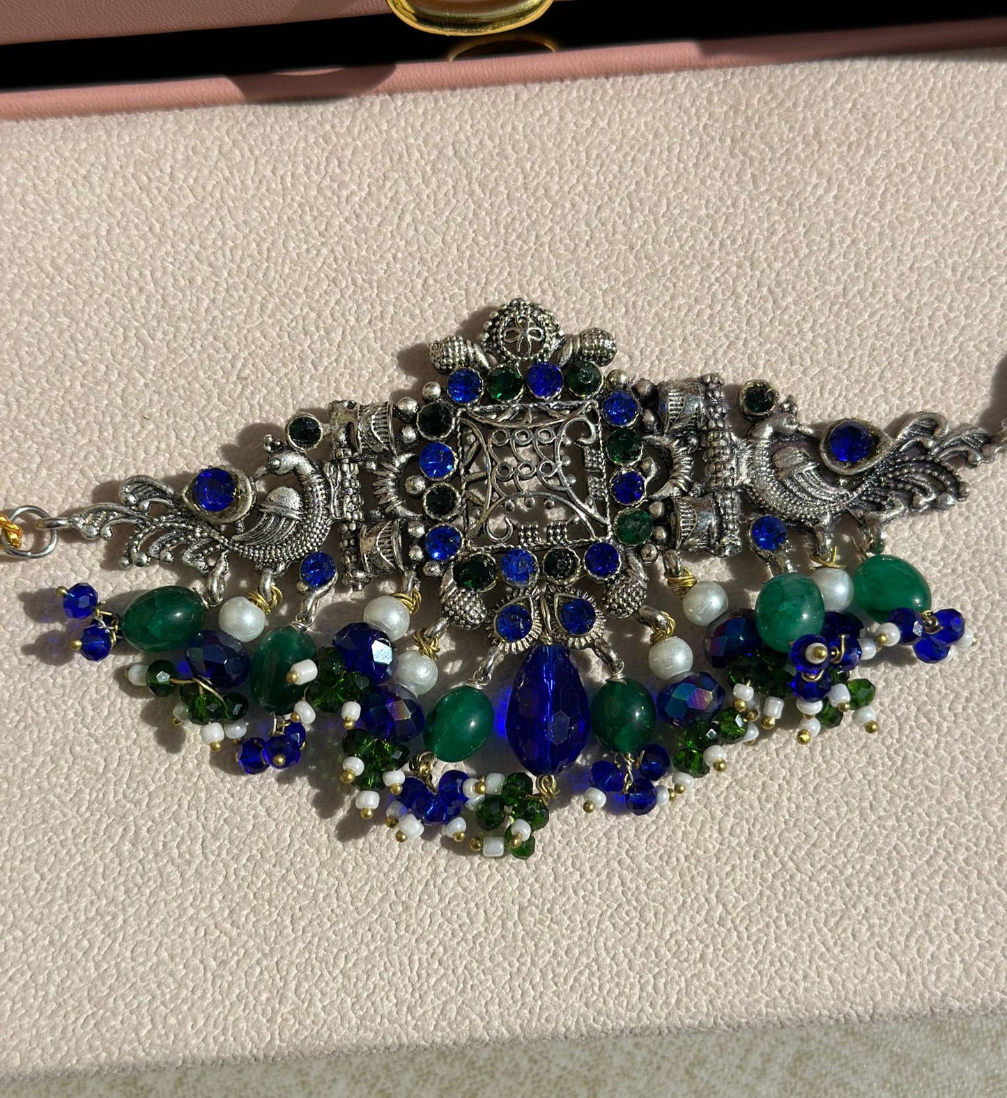 CS-21 German silver bird choker with green and royal blue stones