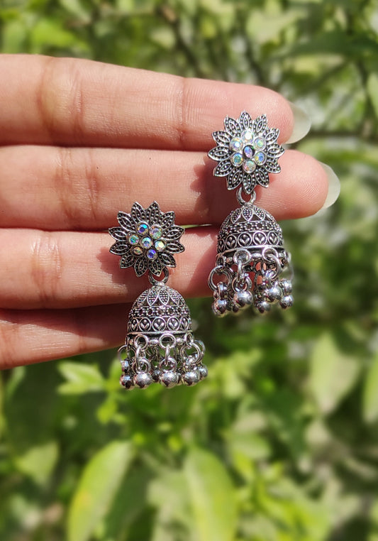 Antique silver polish flower mini jhumki