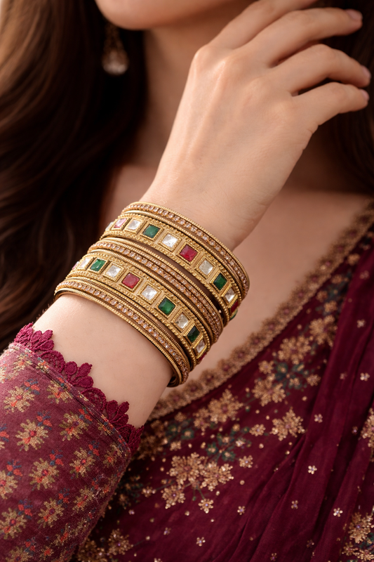 BAN-12 antique gold polish kundan bangles set