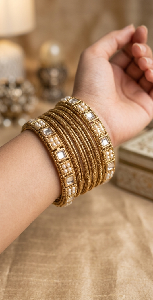 BAN-17 Antique gold polish pearl kundan  bangle set