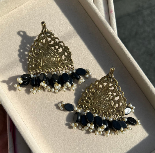 Antique gold plated earrings with black stone hangings