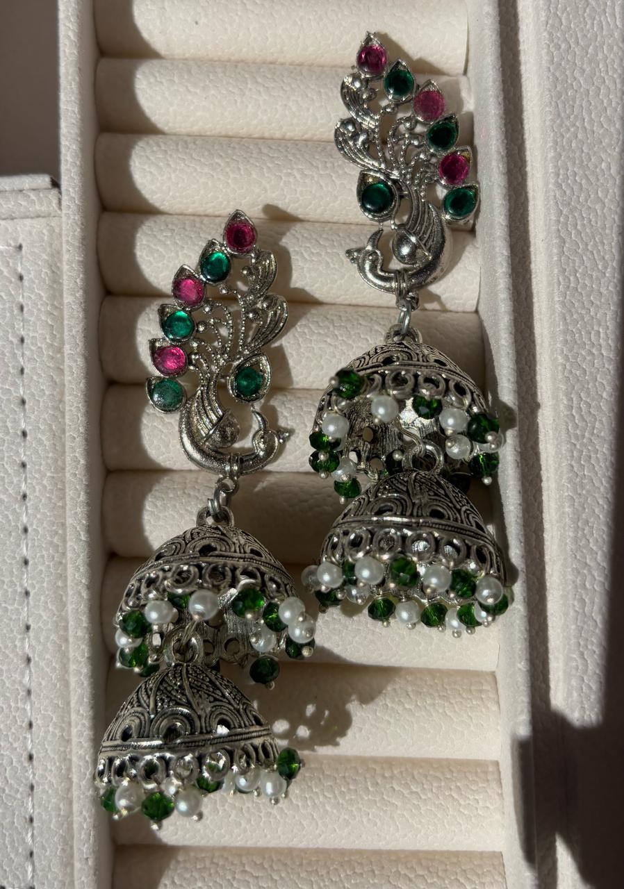 Dual jhumki peacock earrings