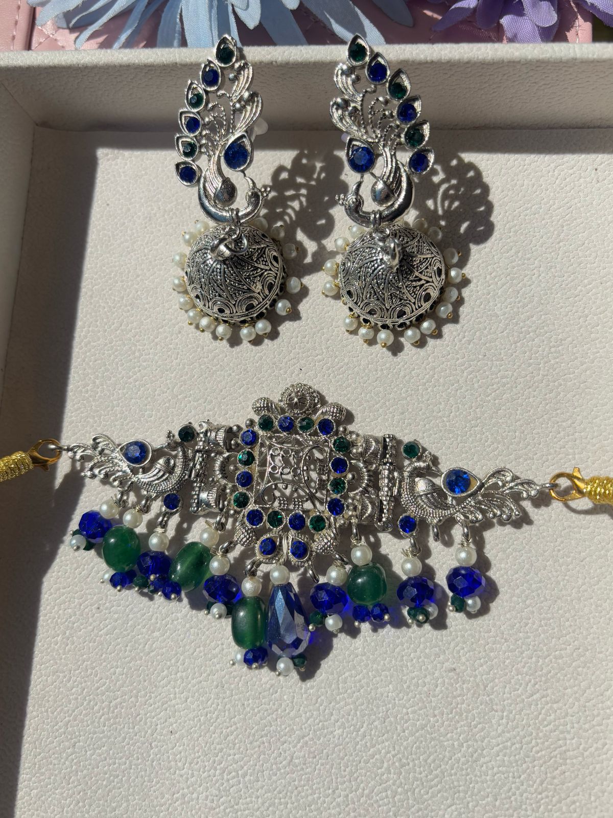 Oxidized German silver set with blue and green stone hangings