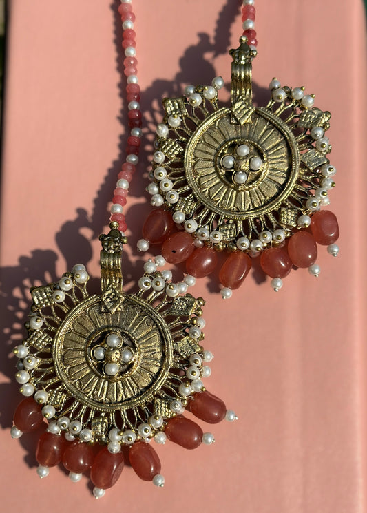 Antique gold plated earrings with pink stones