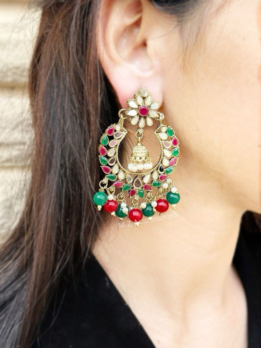 ER-31 reverse mehndi plated mirror stone earrings