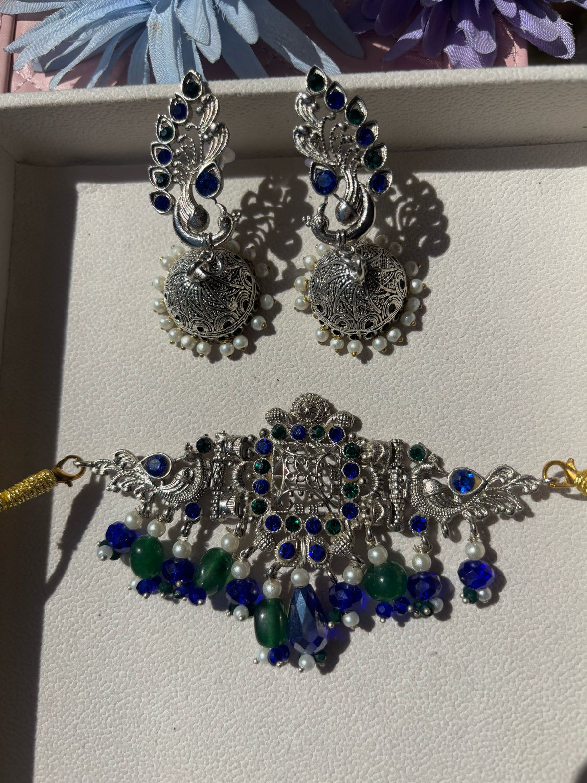 Oxidized German silver set with blue and green stone hangings