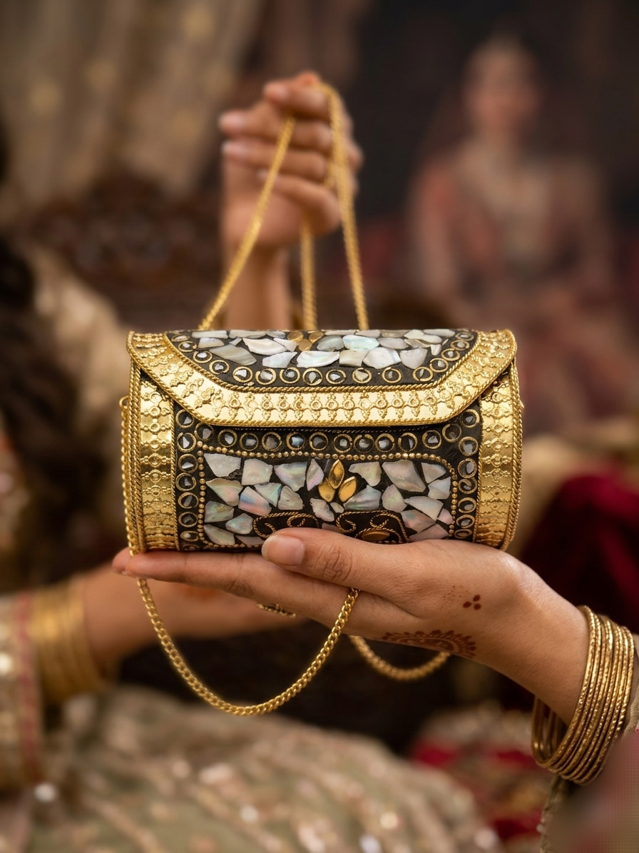 Fresh water pearl round metal clutch-golden