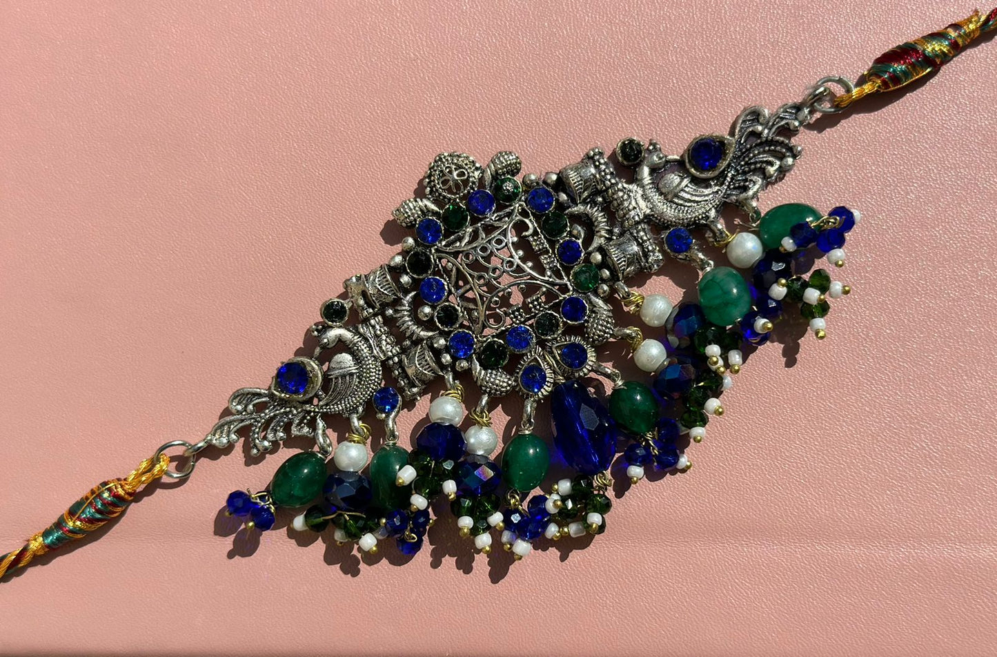 CS-21 German silver bird choker with green and royal blue stones