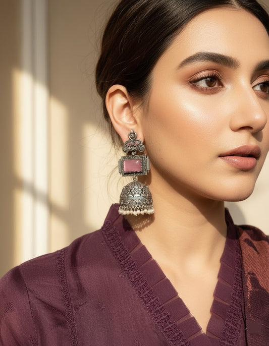 ER-32 Monalisa pink stone long german silver jhumki