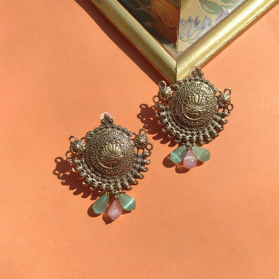 ER-1 Handmade afghani antique  gold pendant earrings with mona lisa stone hanging