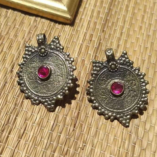 Indian rupee coin earrings with pink stone