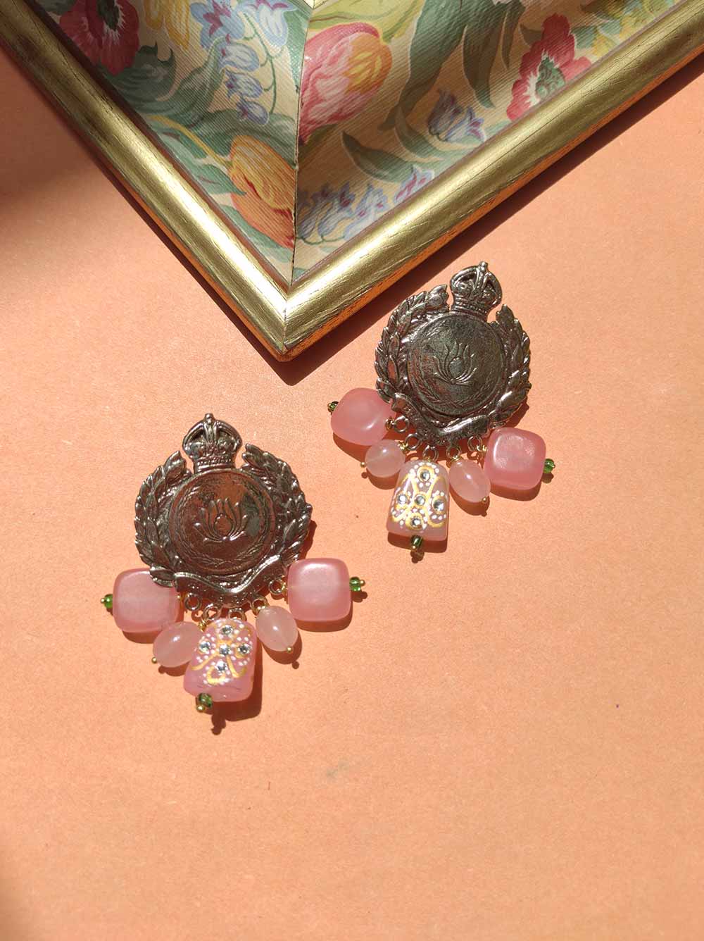 Antique gold lotus earrings with pink stones