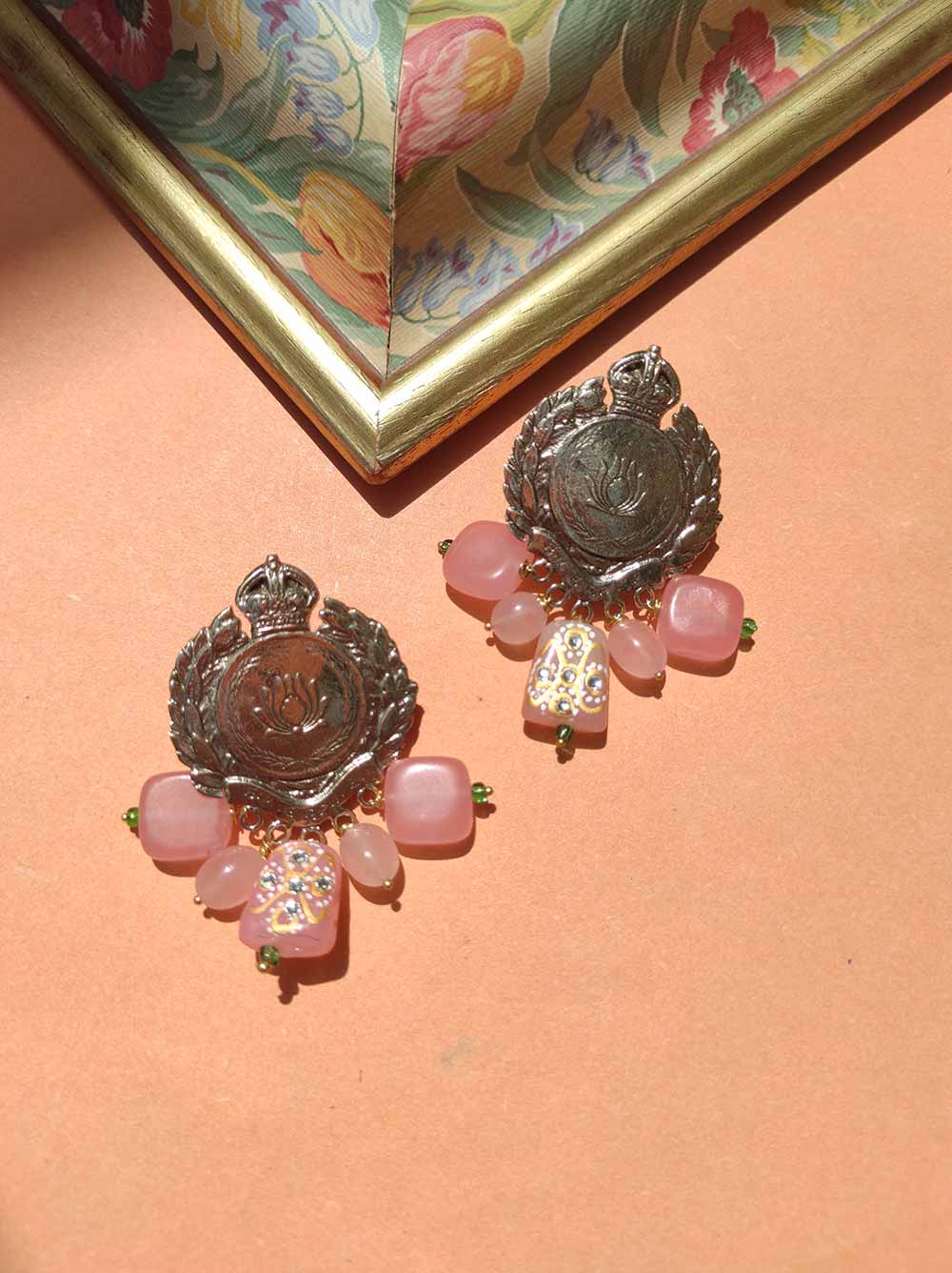 Antique gold lotus earrings with pink stones