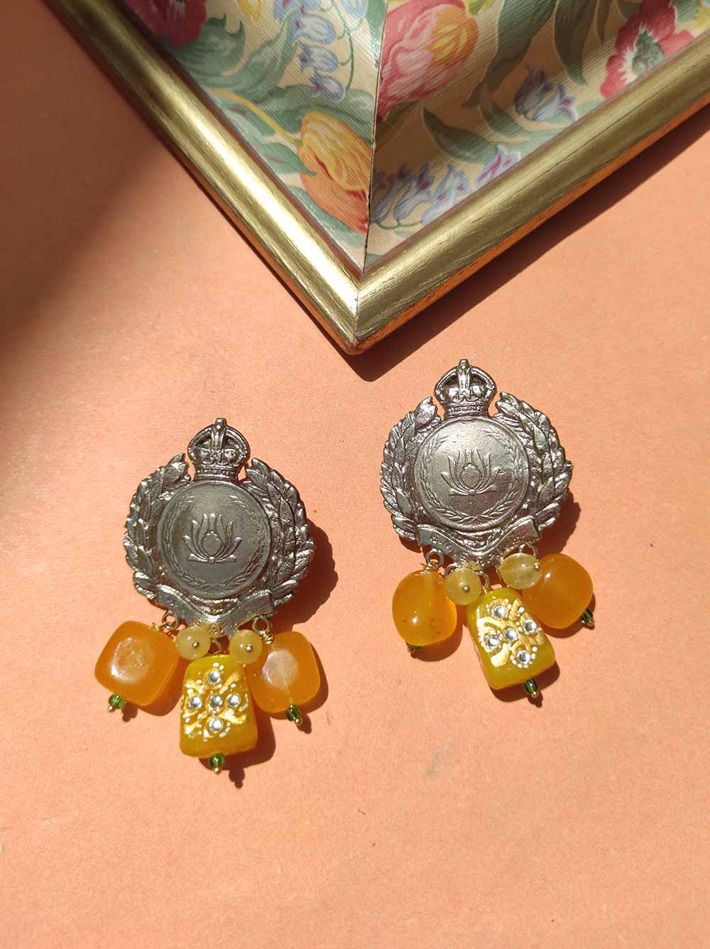 Antique gold polish lotus earrings with lemon hanging