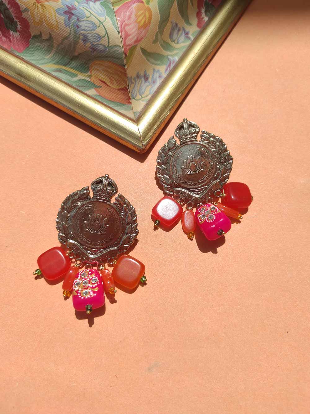 Antique gold polish lotus earrings with pink and orange stone